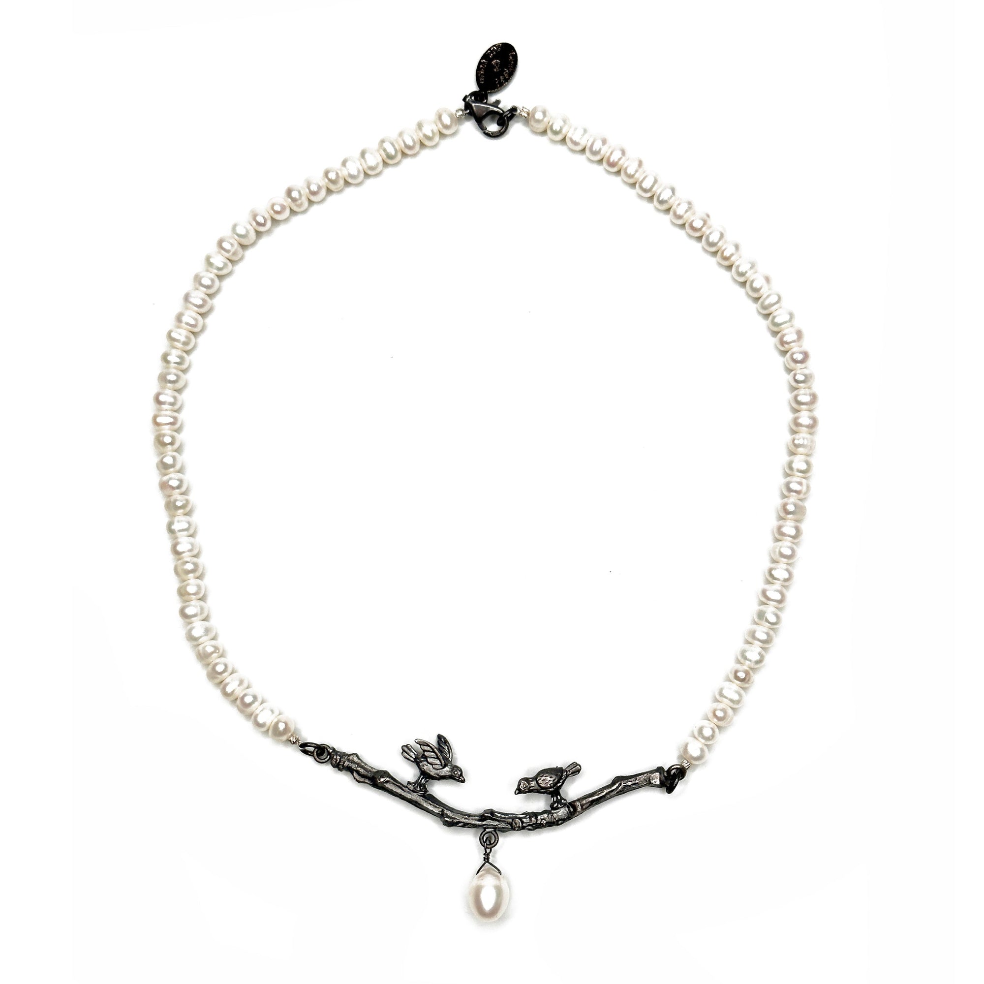Pearl Necklace with Sterling Birds on a Branch