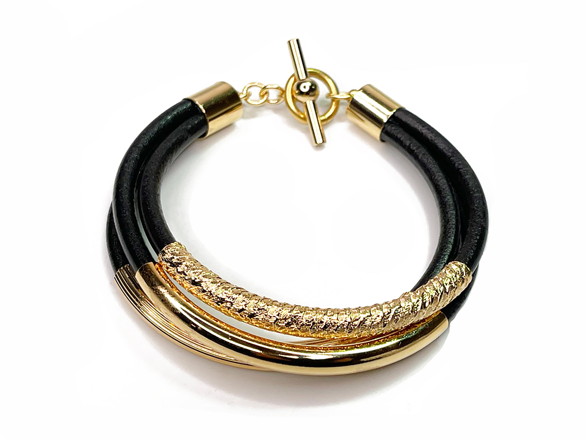 Black Leather Three-Strand Bracelet with Textured Metal Tubes