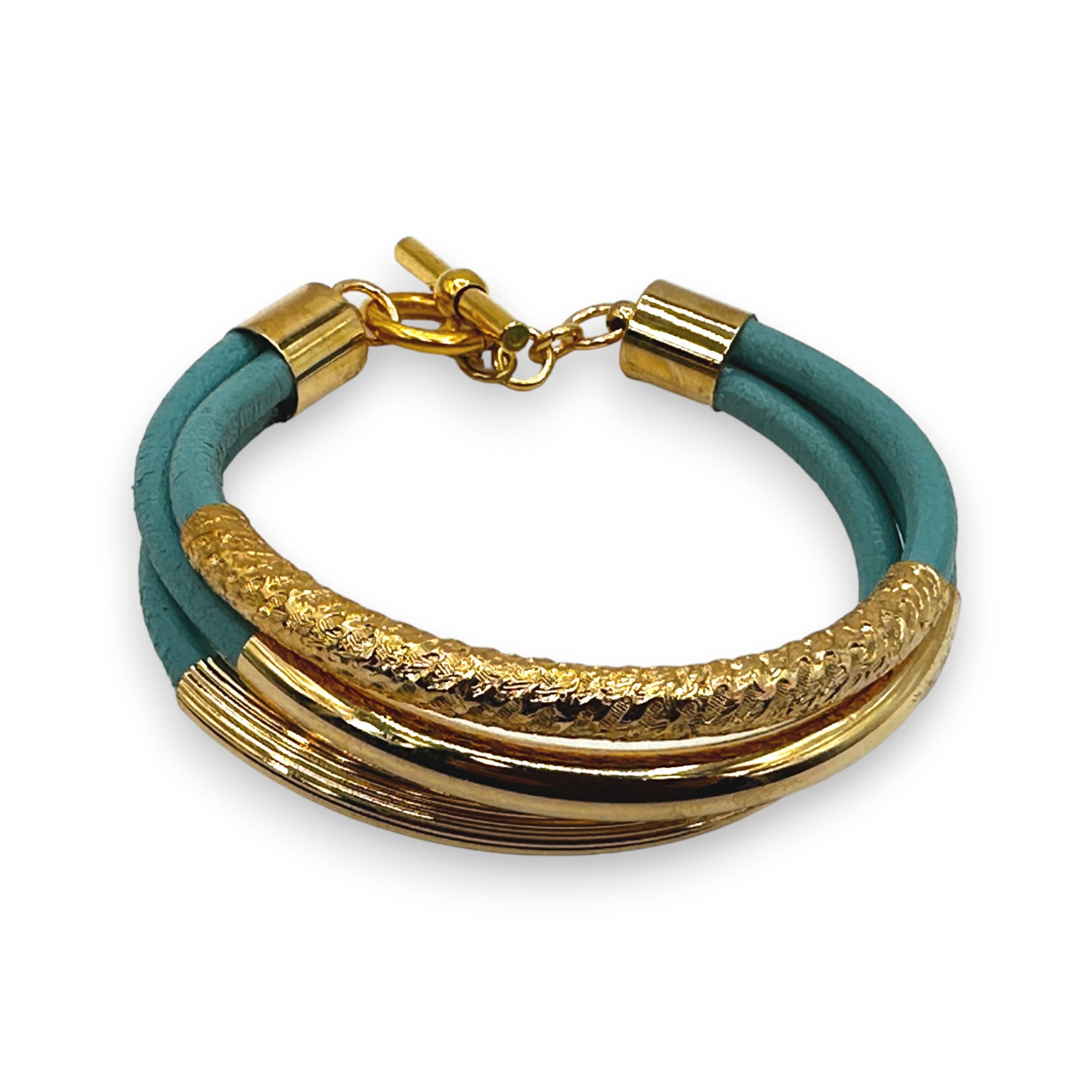 Colored Leather Three-Strand Bracelet with GOLD Textured Tubes