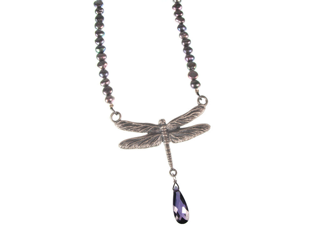 Dragonfly Pearl Necklace with Crystal Drop | Erica Zap Designs