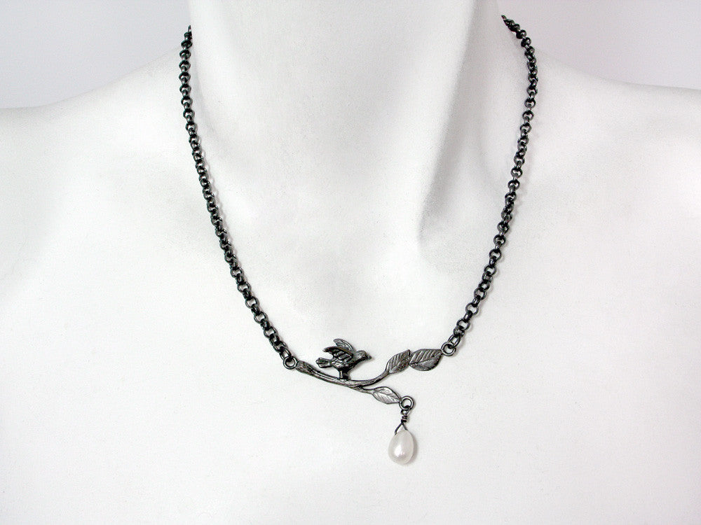 Bird On A Branch Oxidized Sterling Necklace with Pearl Drop | Erica Zap Designs
