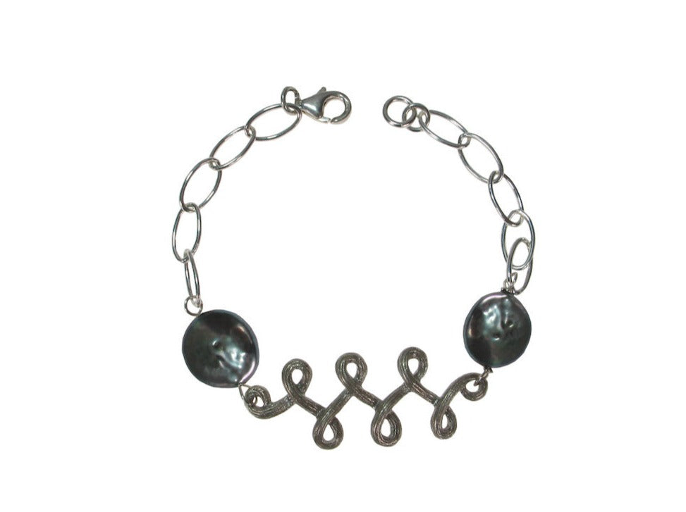 Sterling Chain Bracelet with Swirling Vine & Coin Pearls | Erica Zap Designs