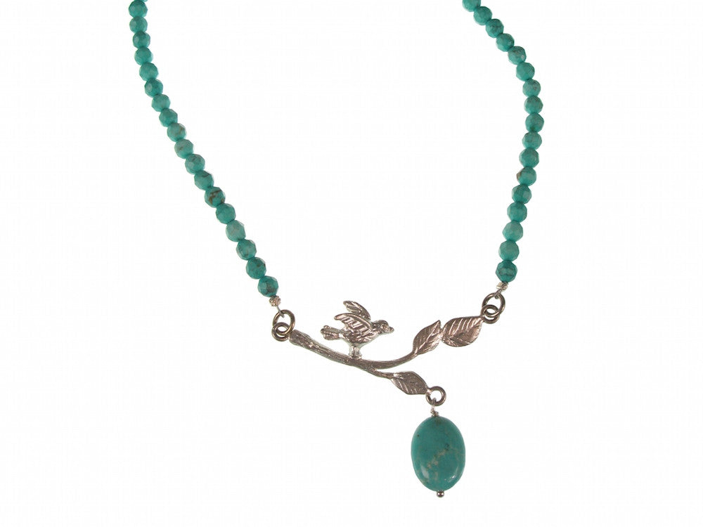 Turquoise Necklace with Sterling Bird on a Branch | Erica Zap Designs