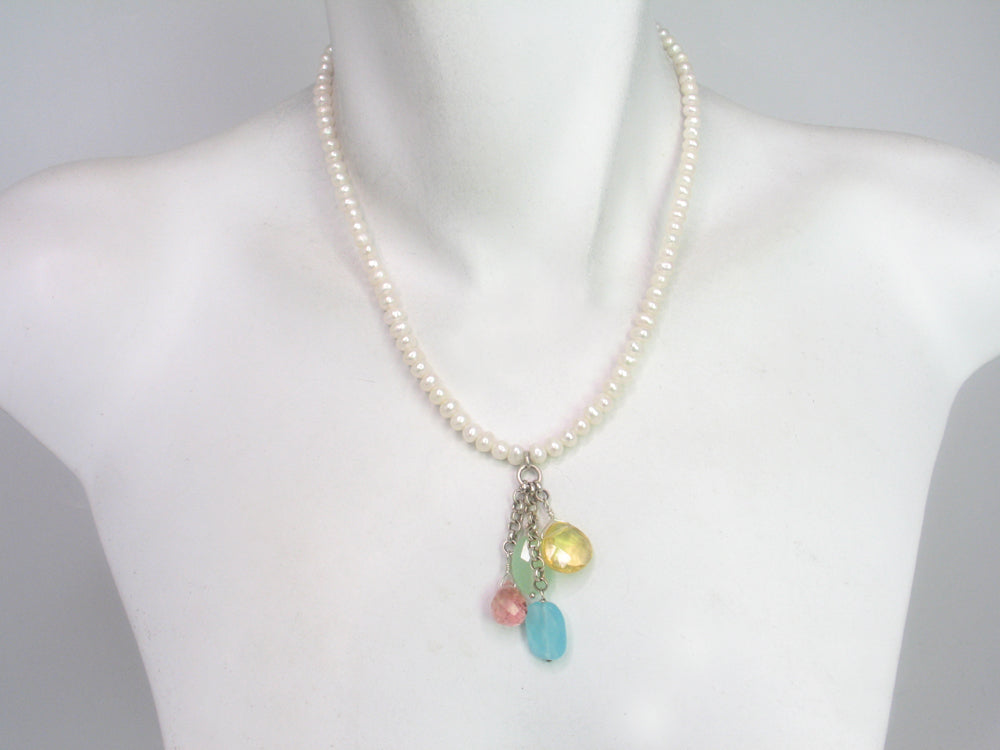 Pearl Necklace with Crystal  Stone Drops | Erica Zap Designs