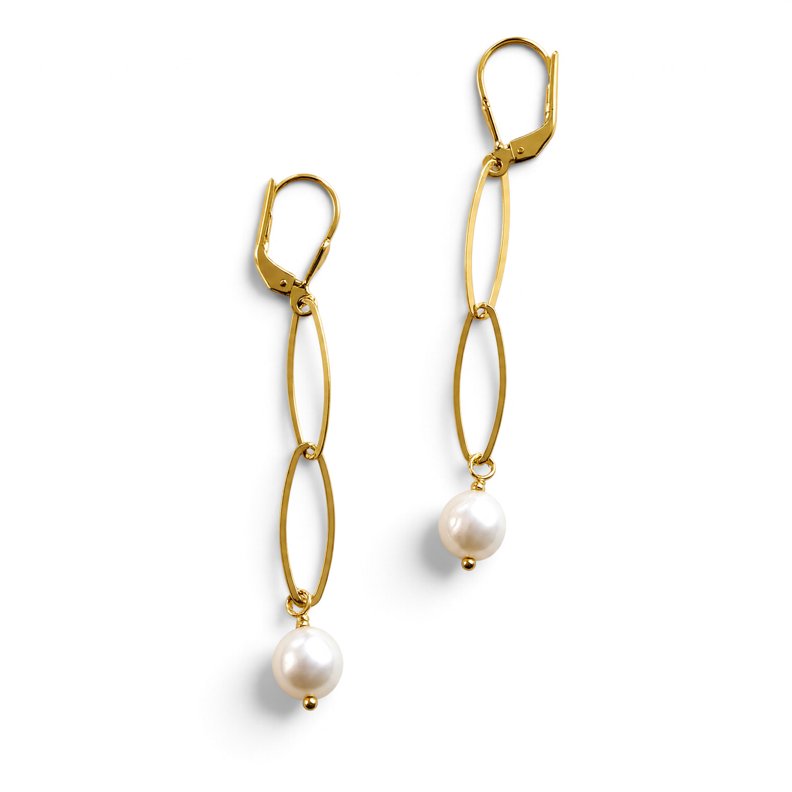 Erica Zap Designs long gold vermeil drop earrings featuring oval links and white freshwater pearls.