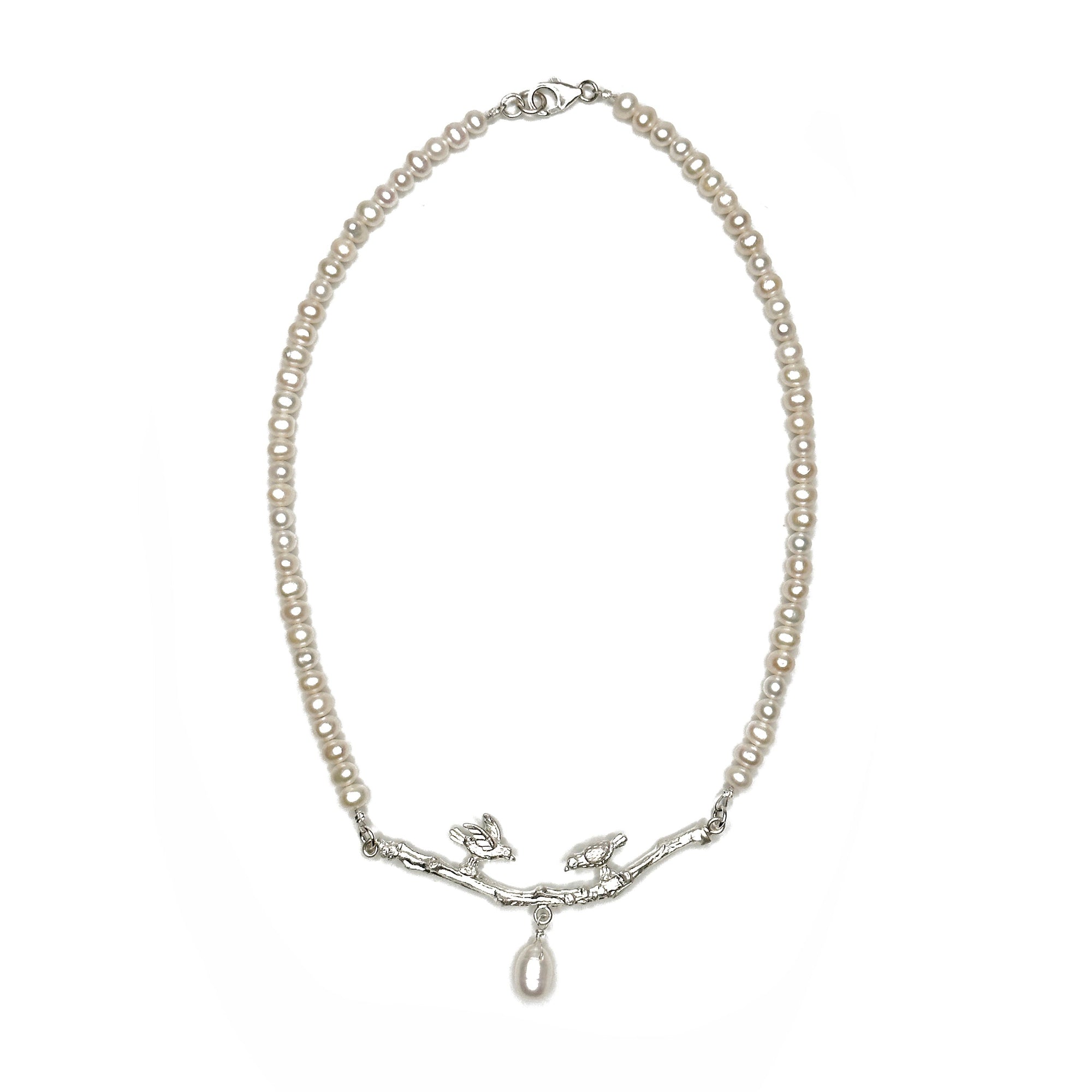 Pearl Necklace with Sterling Birds on a Branch