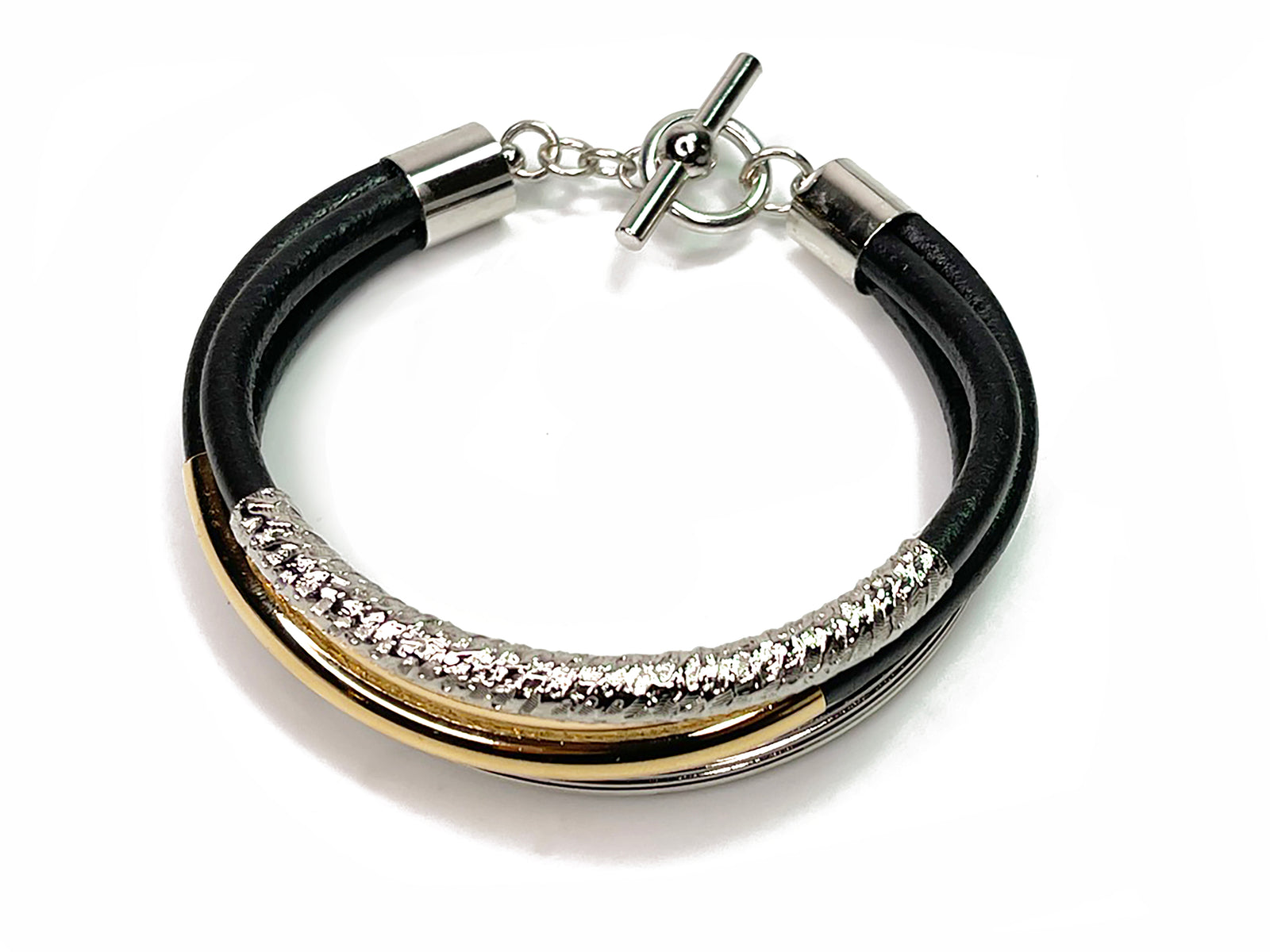 Black Leather Three-Strand Bracelet with Gold & Silver Metal Tubes