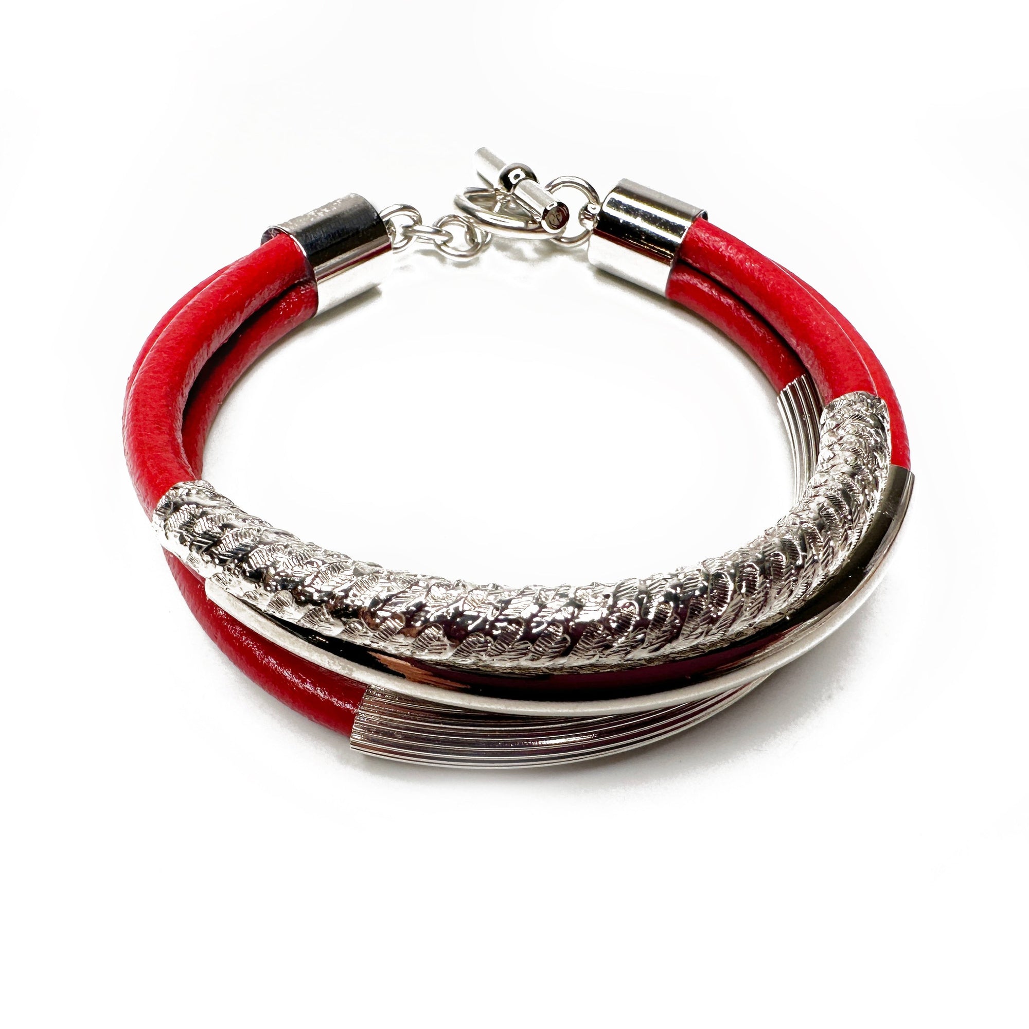Colored Leather Three-Strand Bracelet with SILVER Textured Tubes