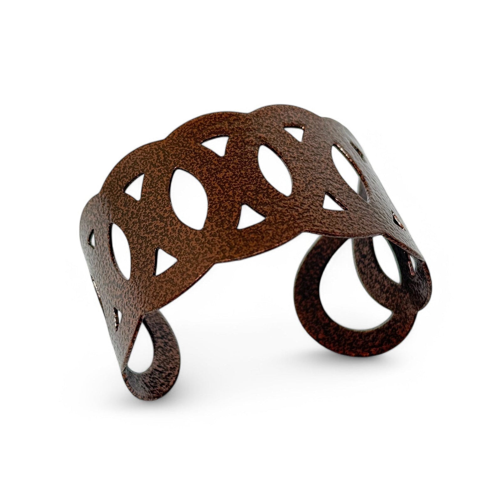 Copper enamel cuff bracelet with cut-out design on a white background