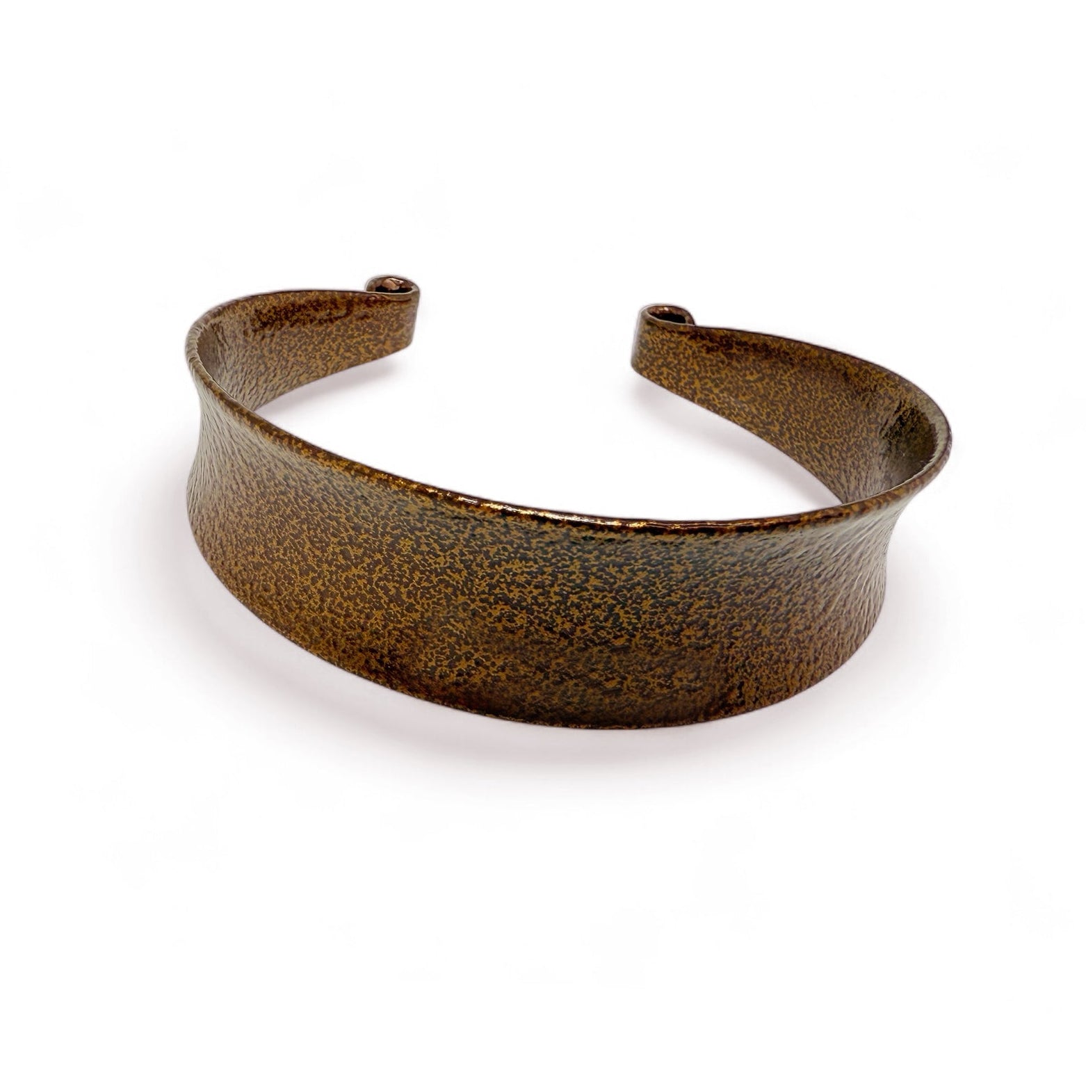 Copper enamel metal cuff bracelet on a white background