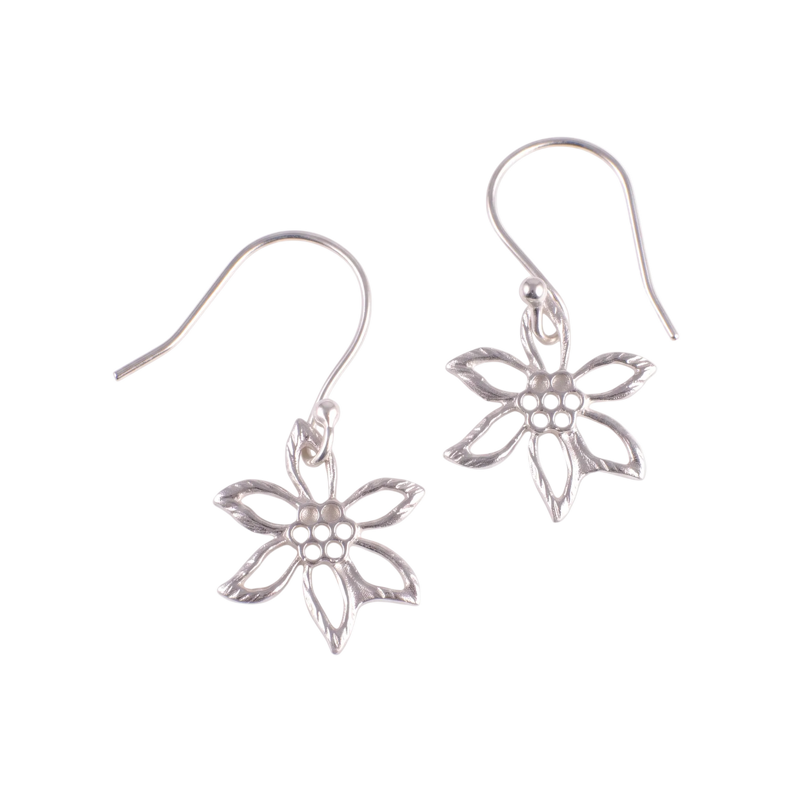 Erica Zap Designs small sterling silver flower earrings with delicate petal cutouts on french wire hooks.