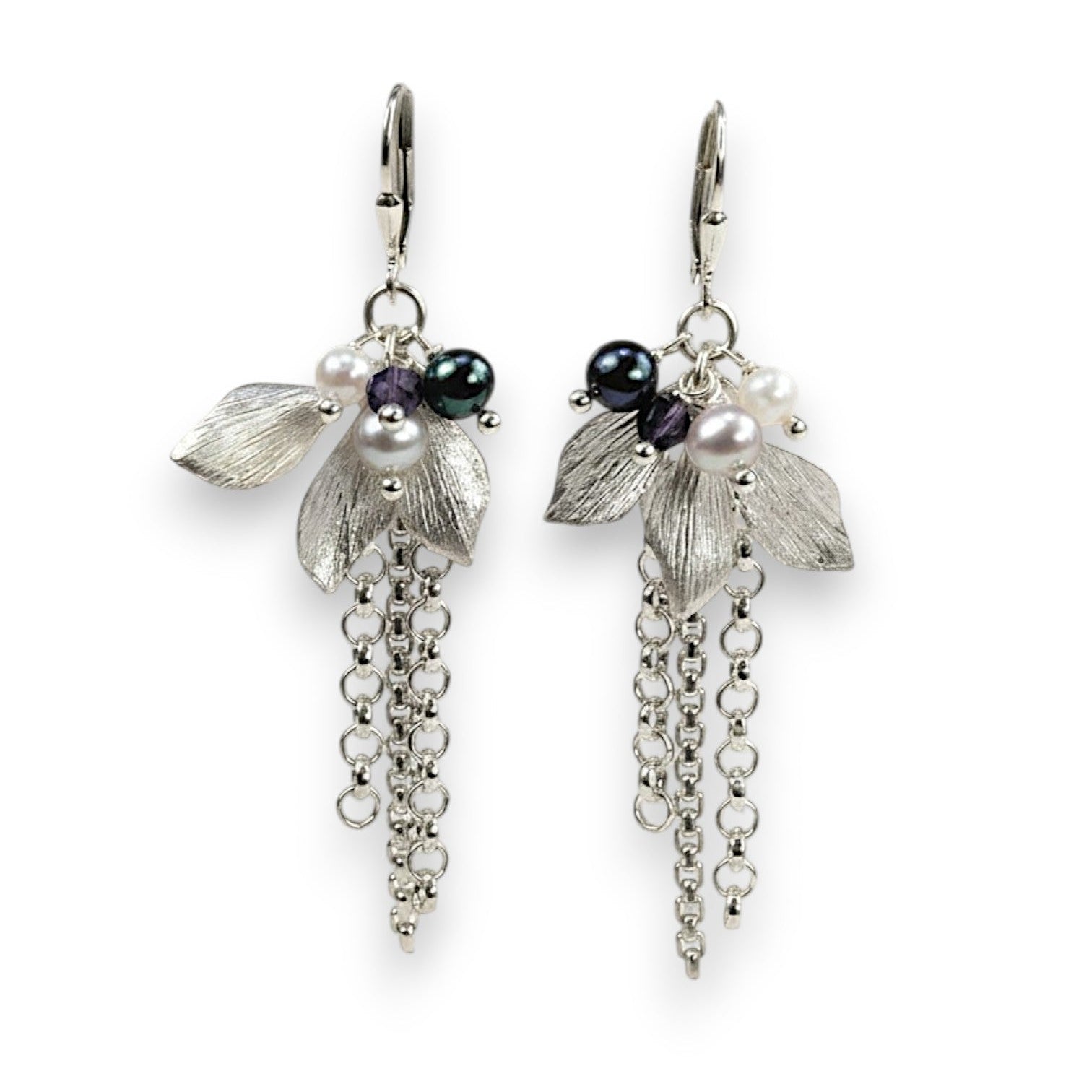 Pearl Earrings with Sterling Leaf and Chain Drop
