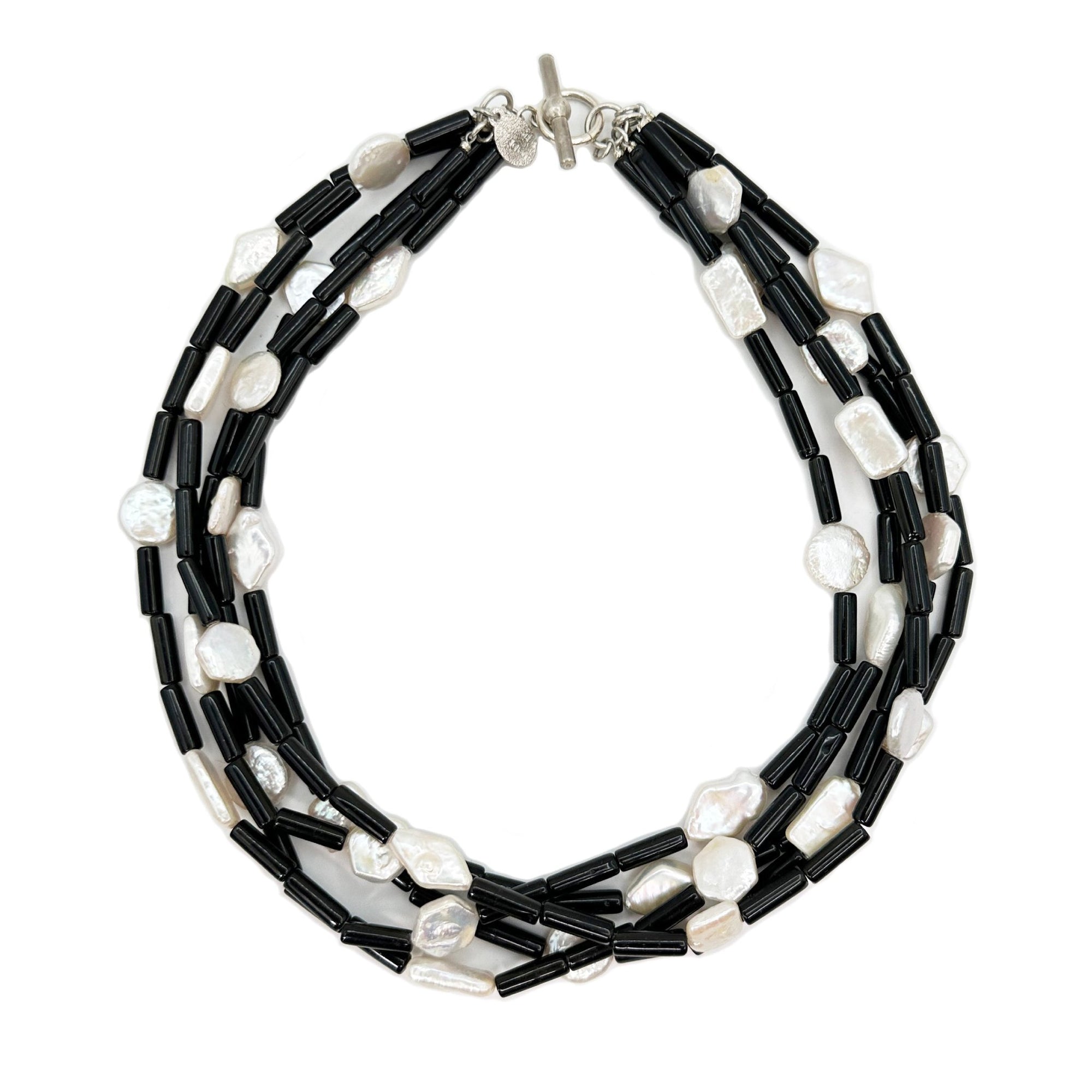 Five Strand Onyx and Coin Pearl Necklace