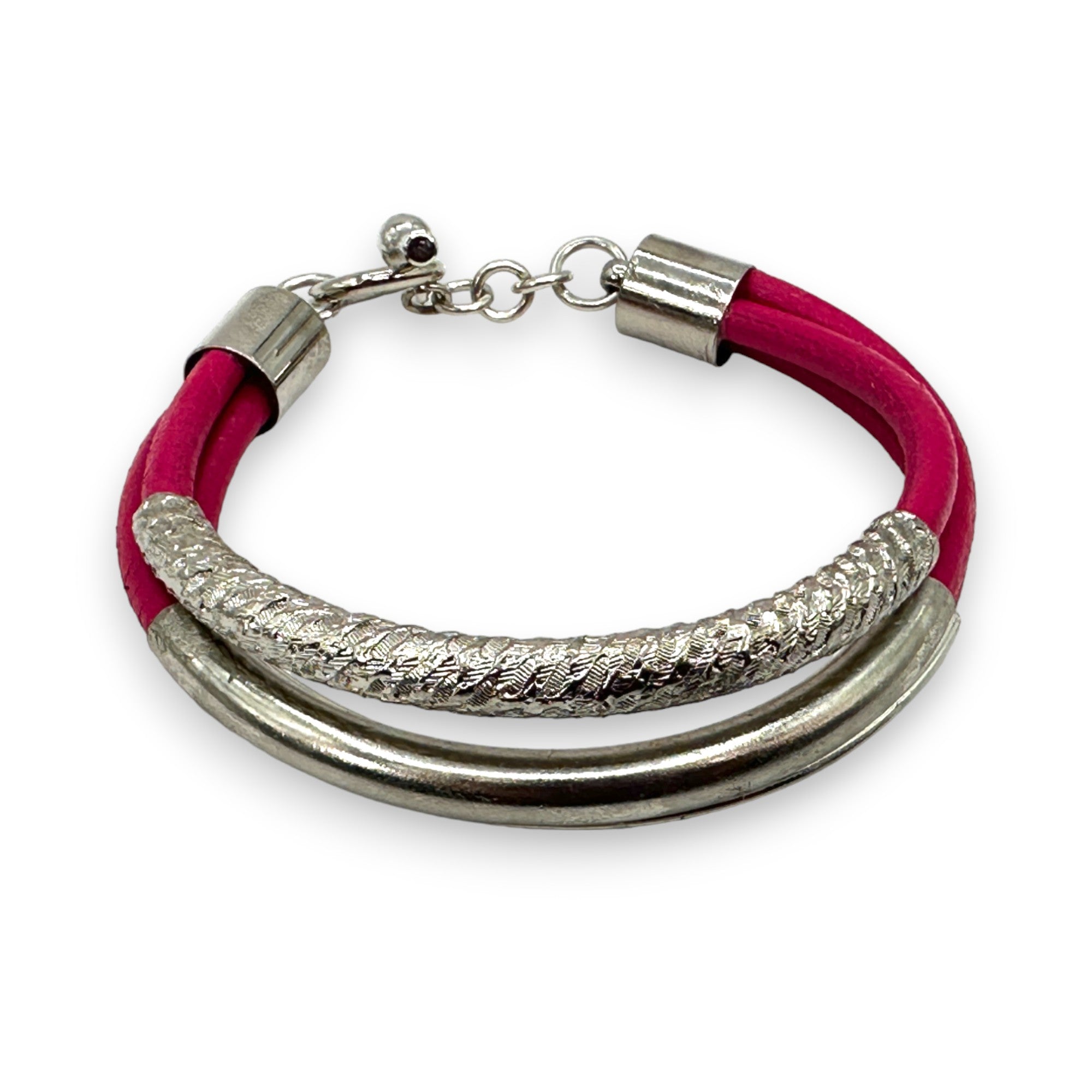 Colored Leather Three-Strand Bracelet with SILVER Textured Tubes