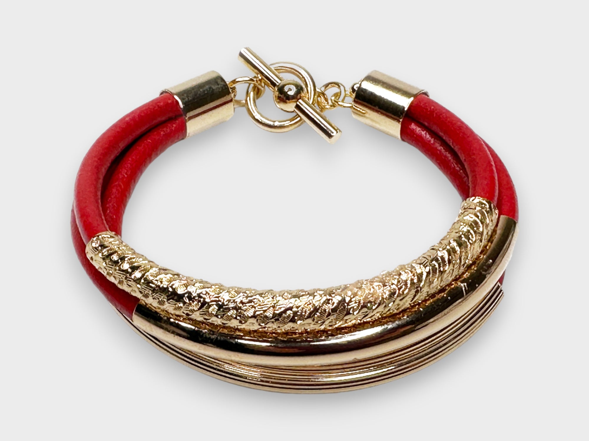 Colored Leather Three-Strand Bracelet with GOLD Textured Tubes