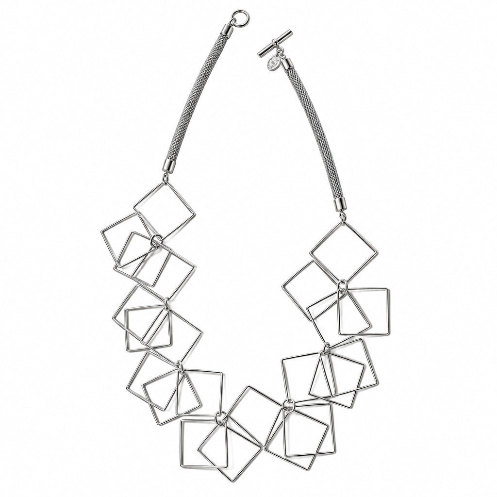 Geometric necklace with interlocking square shapes