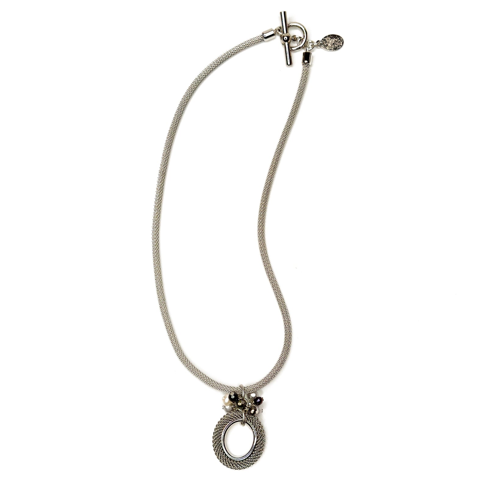 Oval Ring & Pearl Cluster Pendant Mesh Necklace