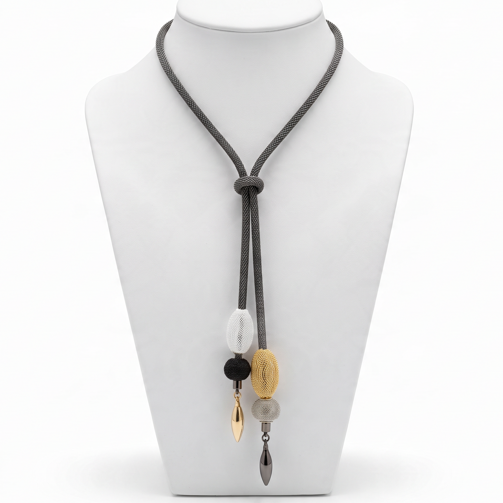 Mesh Bolo Necklace with Mesh Beads & Metal Drop Ends