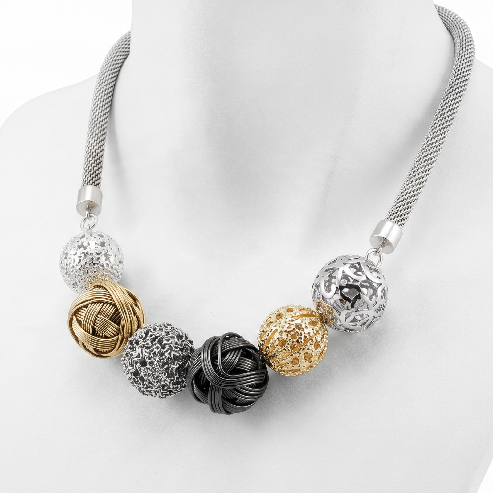 Mesh Necklace with Metal & Wire Beads