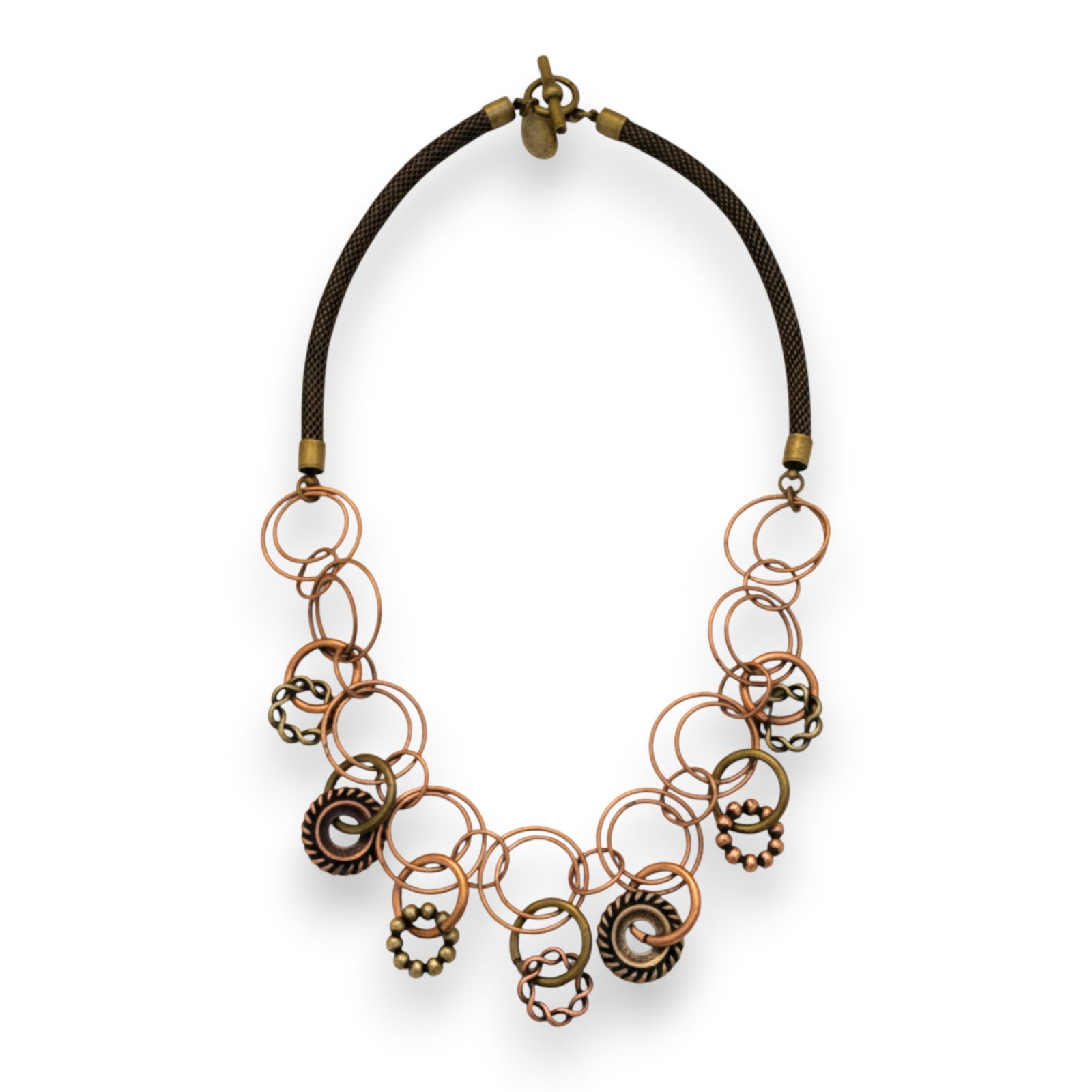Mesh Necklace with Linked Circles & Textured Rings