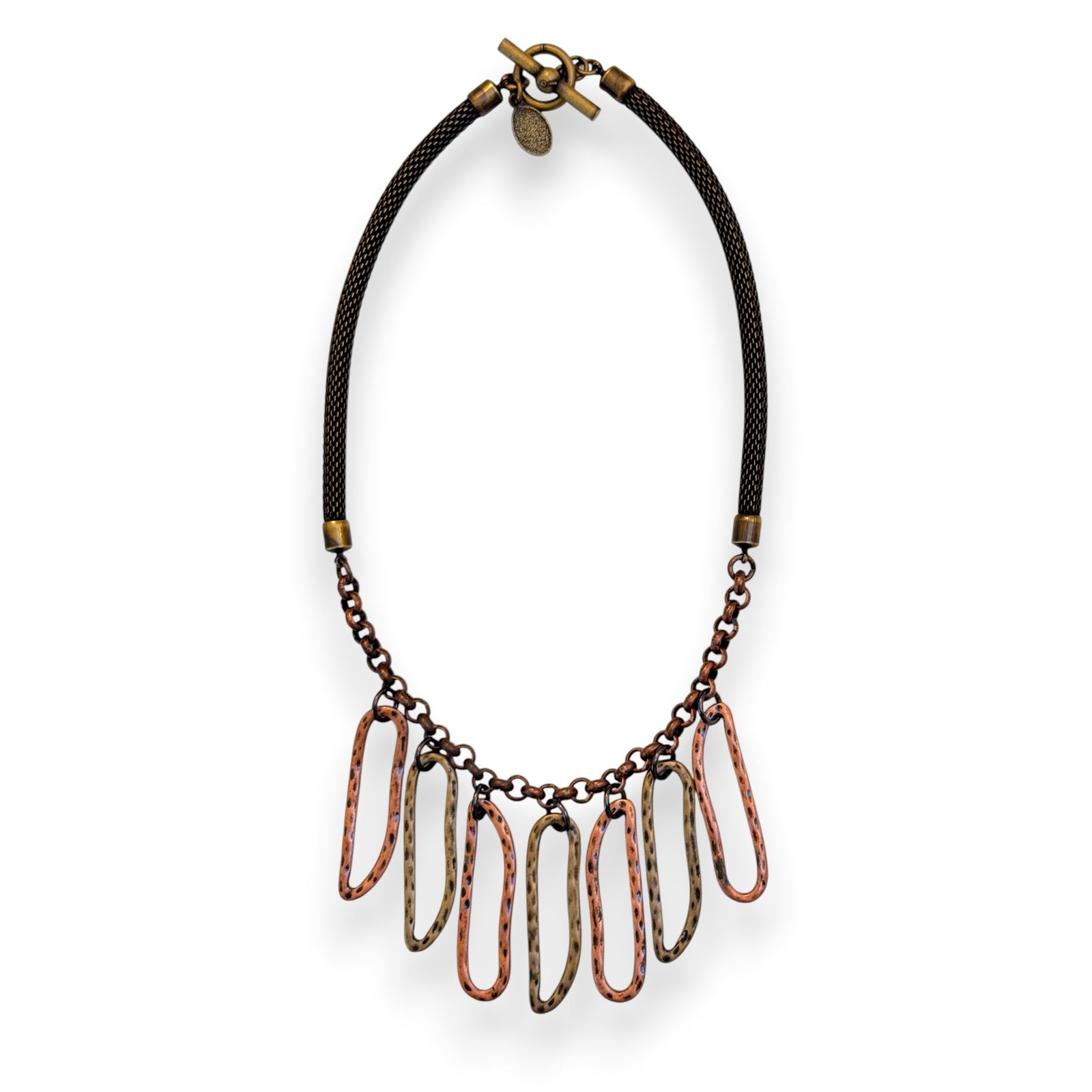 Mesh Necklace with Hammered Oval Drops