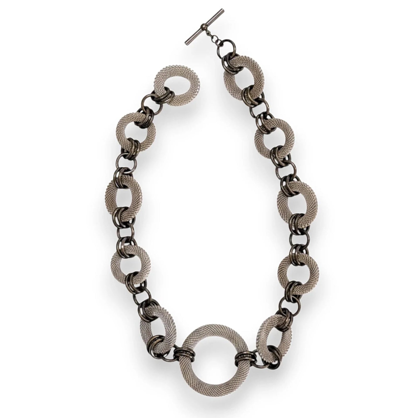Necklace with interlocking circular links on a white background