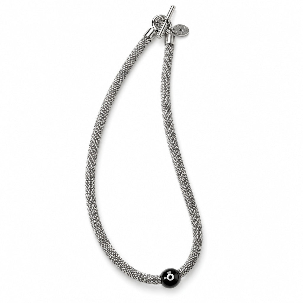 Erica Zap Designs silver mesh strand necklace with a single metal bead and toggle clasp.