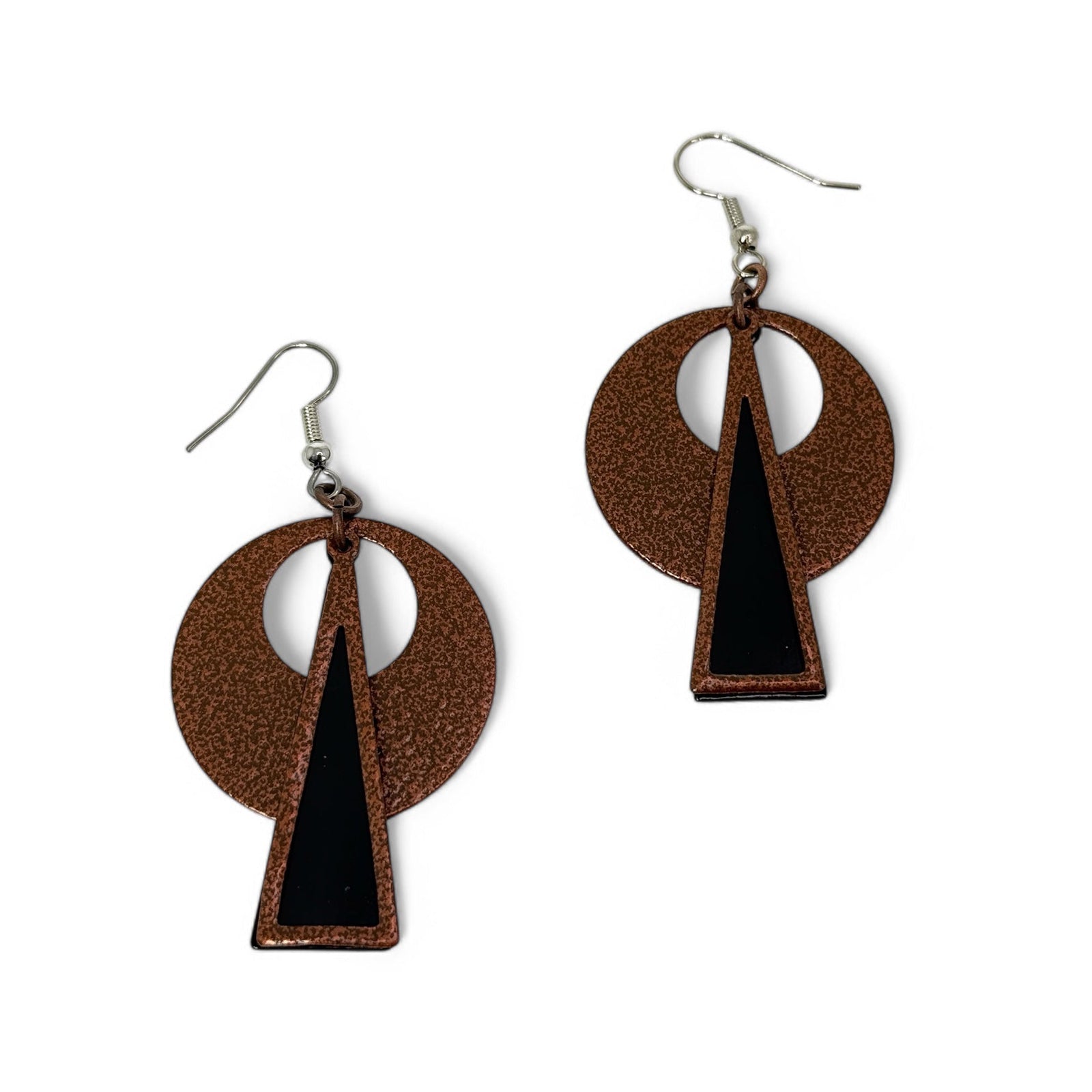 Pair of earrings with copper and black geometric design on a white background