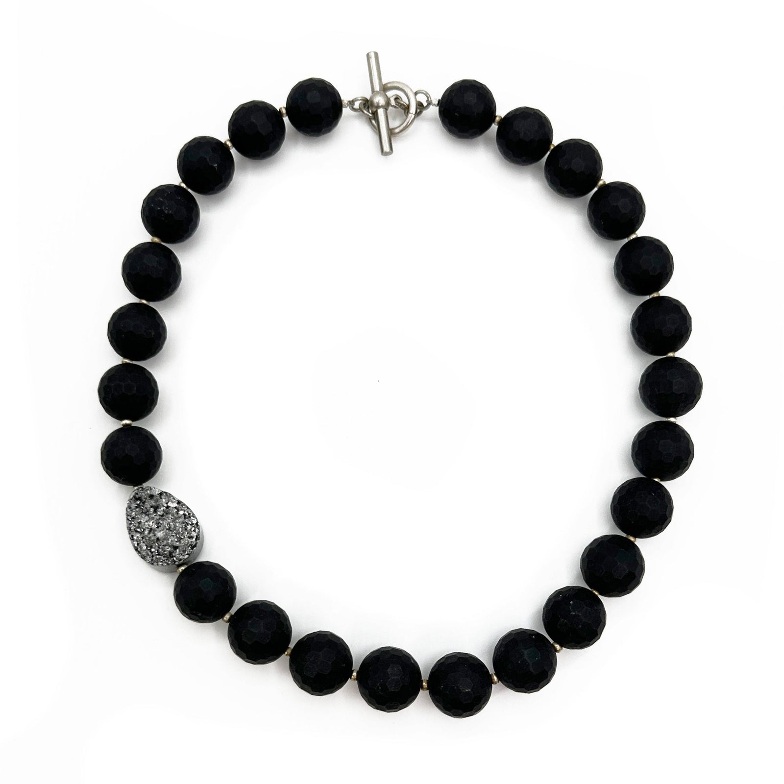 Lava Bead Necklace with Offset Silver Druzy Stone