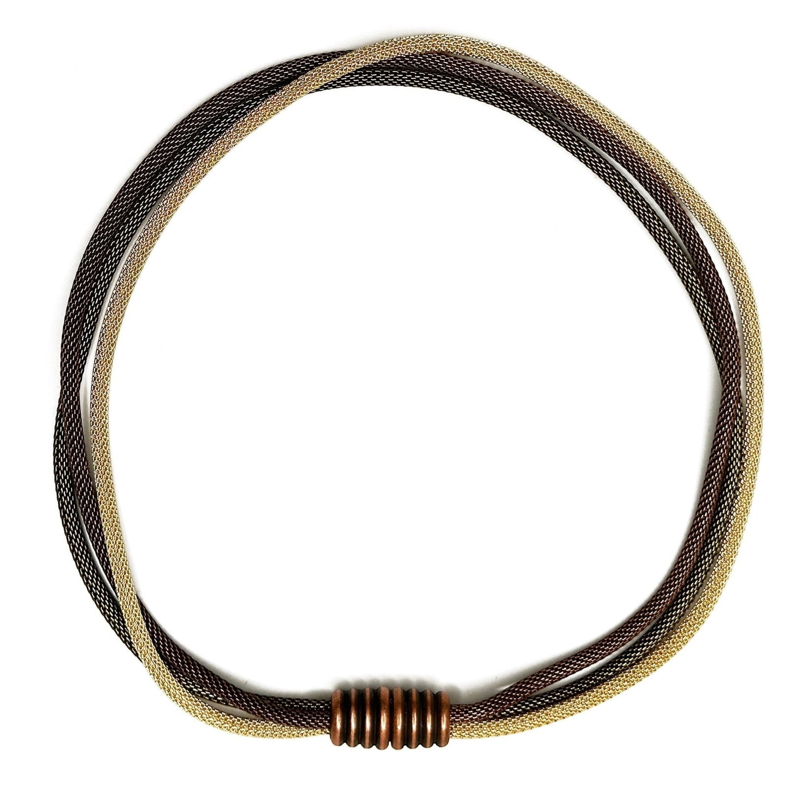 Erica Zap Designs 3-strand mesh necklace featuring gold, copper, and brass metallic strands with a ribbed magnetic clasp.