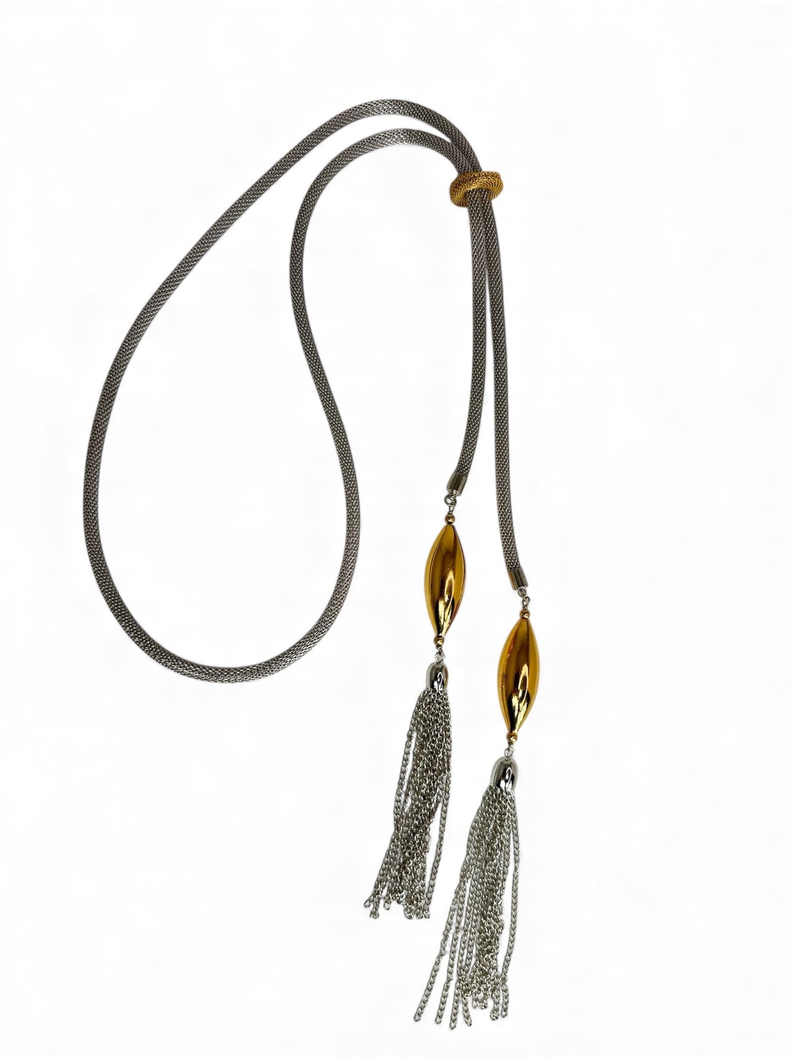 Erica Zap Designs Mesh Bolo Tassel Necklace with gold accents and silver tassels, 36" adjustable