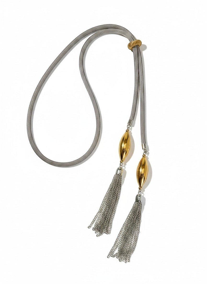 Erica Zap Designs mesh bolo tassel necklace in rhodium and 18k gold plated brass with adjustable sliding ring