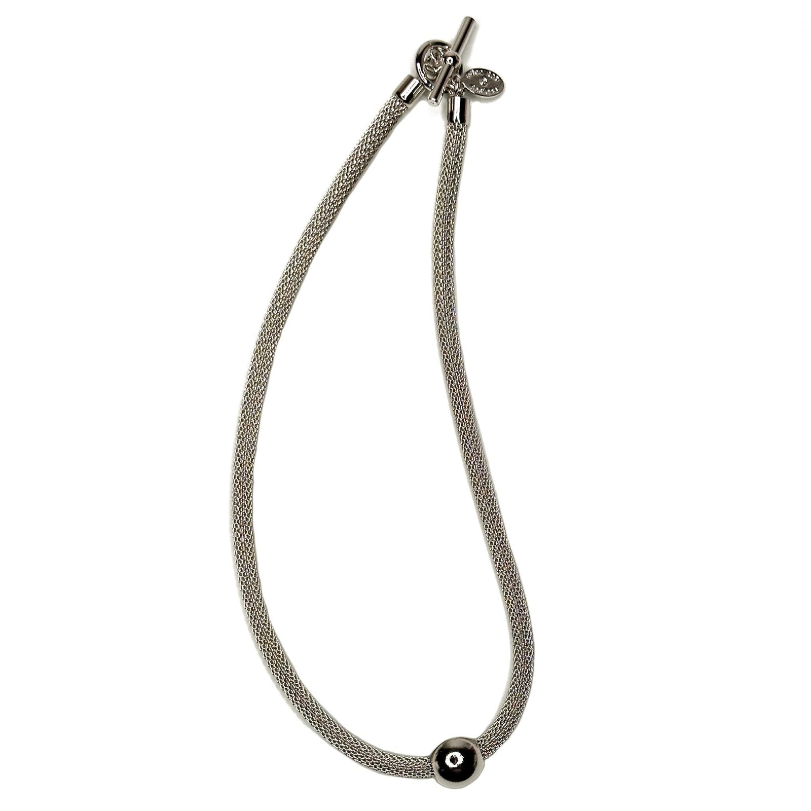 Erica Zap Designs silver mesh strand necklace with a single metal bead and toggle clasp.