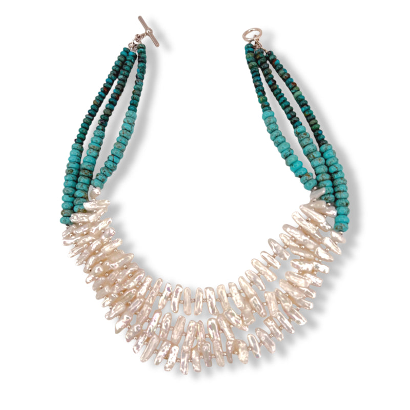 3-Strand Bar Pearl & Turquoise Graduated Necklace