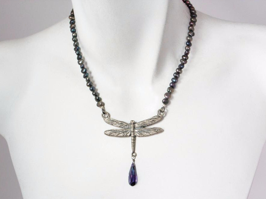 Dragonfly Pearl Necklace with Crystal Drop | Erica Zap Designs