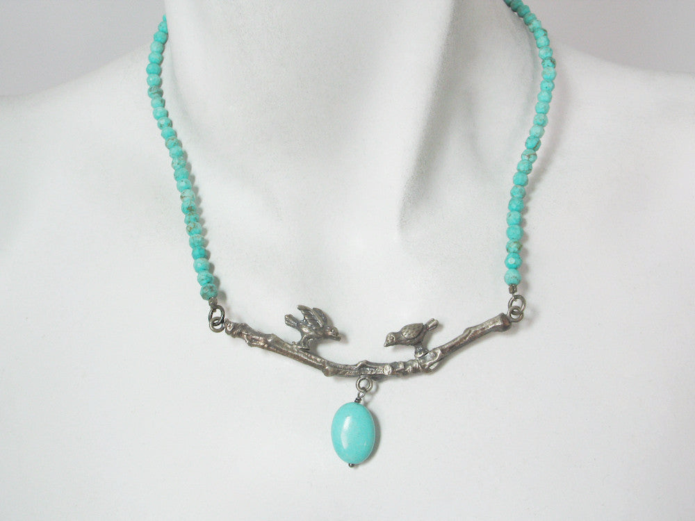 Turquoise Necklace with Sterling Birds on a Branch | Erica Zap Designs