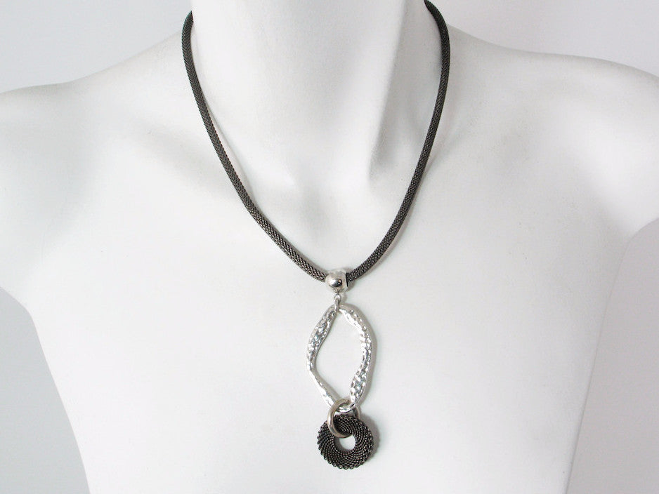 Mesh Necklace with Hammered Oval & Mesh Circle Drop | Erica Zap Designs