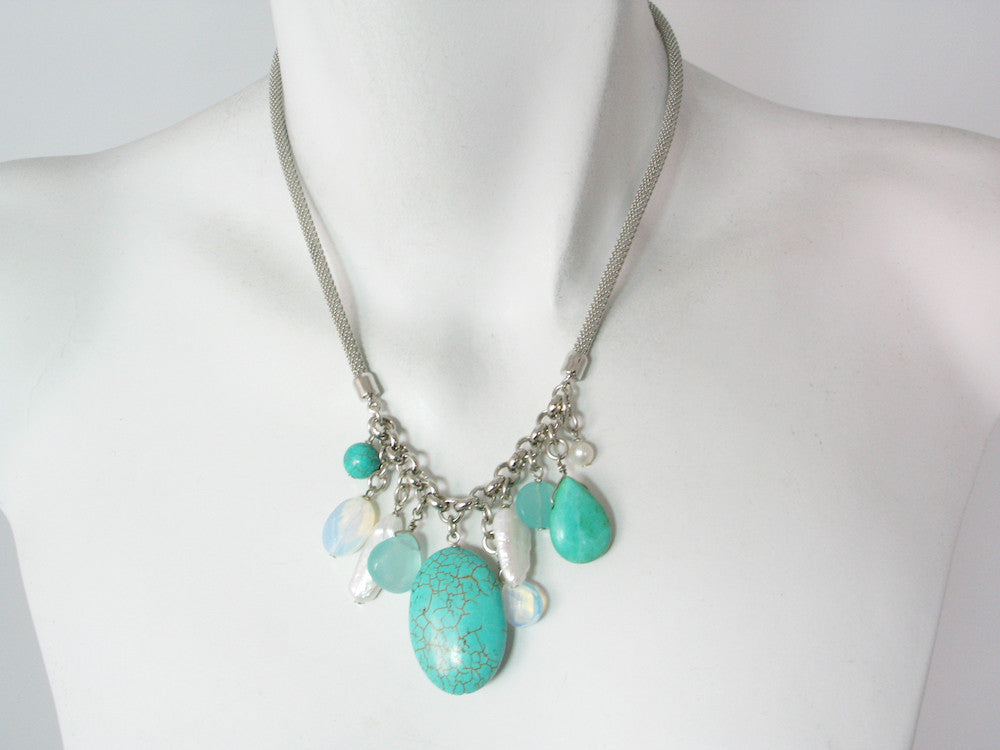 Rhodium Mesh Necklace with Stone and Pearl Drops | Erica Zap Designs