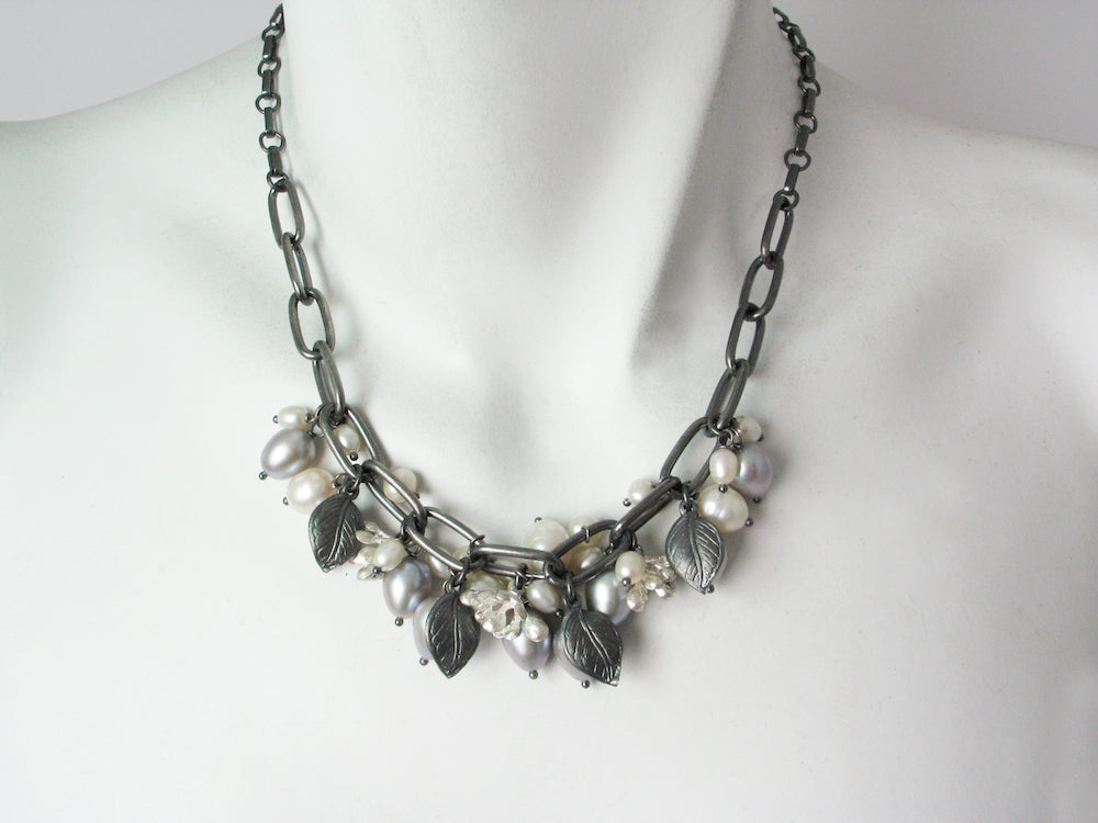 Sterling Leaf & Pearl Cluster Necklace - Erica Zap Designs