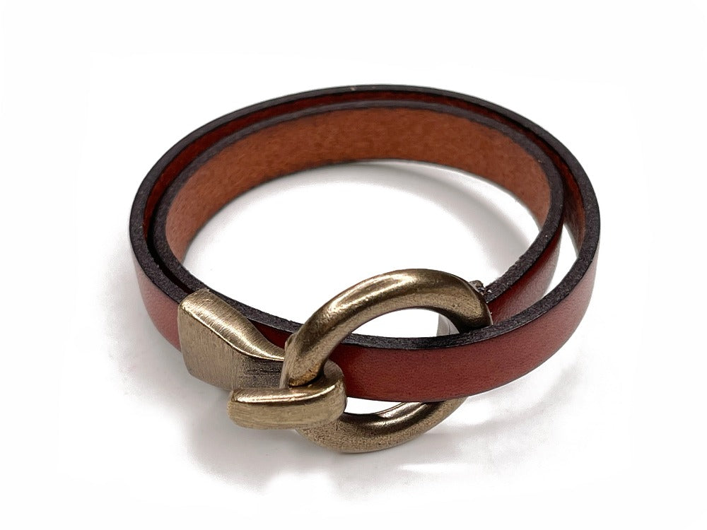 Flat Leather Wrap Bracelet with Round Hook Clasp