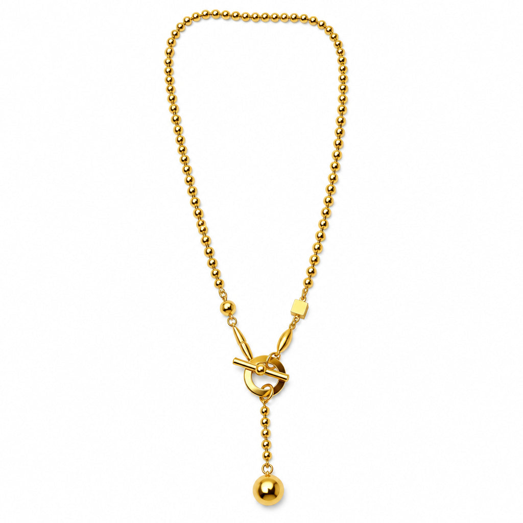 Gold Bead Chain Necklace with Front Ball Drop