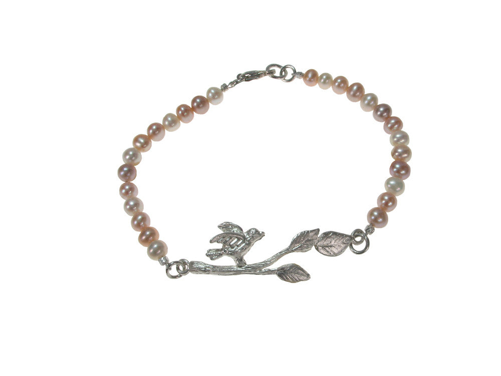 Pearl Bracelet with Sterling Bird on a Branch | Erica Zap Designs