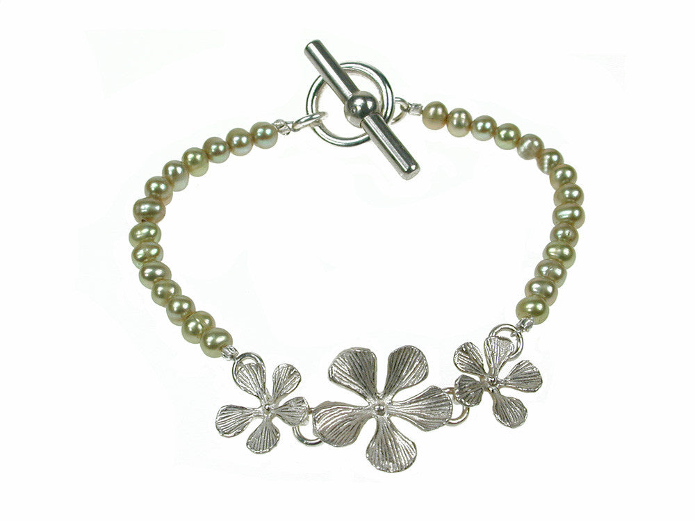 Pearl Bracelet with 3 Sterling Filaree Flowers | Erica Zap Designs
