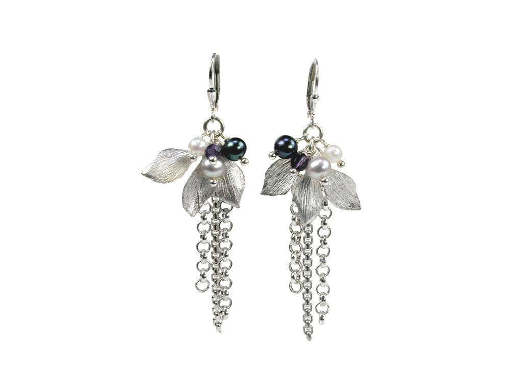 Pearl Earrings with Sterling Leaf and Chain Drop | Erica Zap Designs