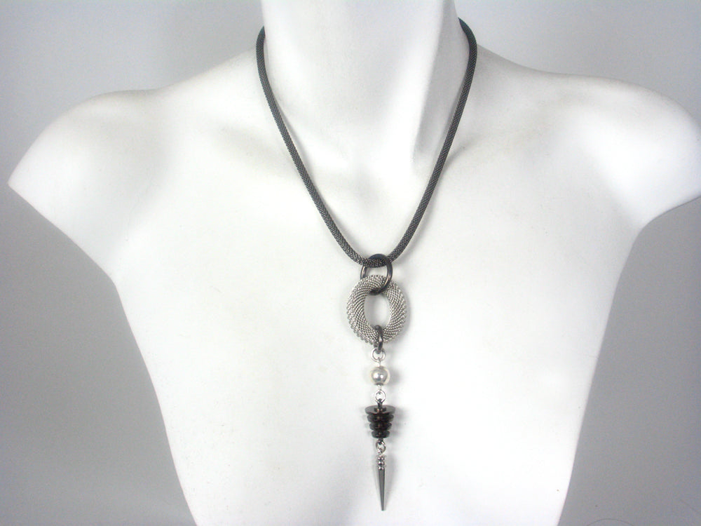 Mesh Necklace with Oval & Turned Geometric Drops | Erica Zap Designs
