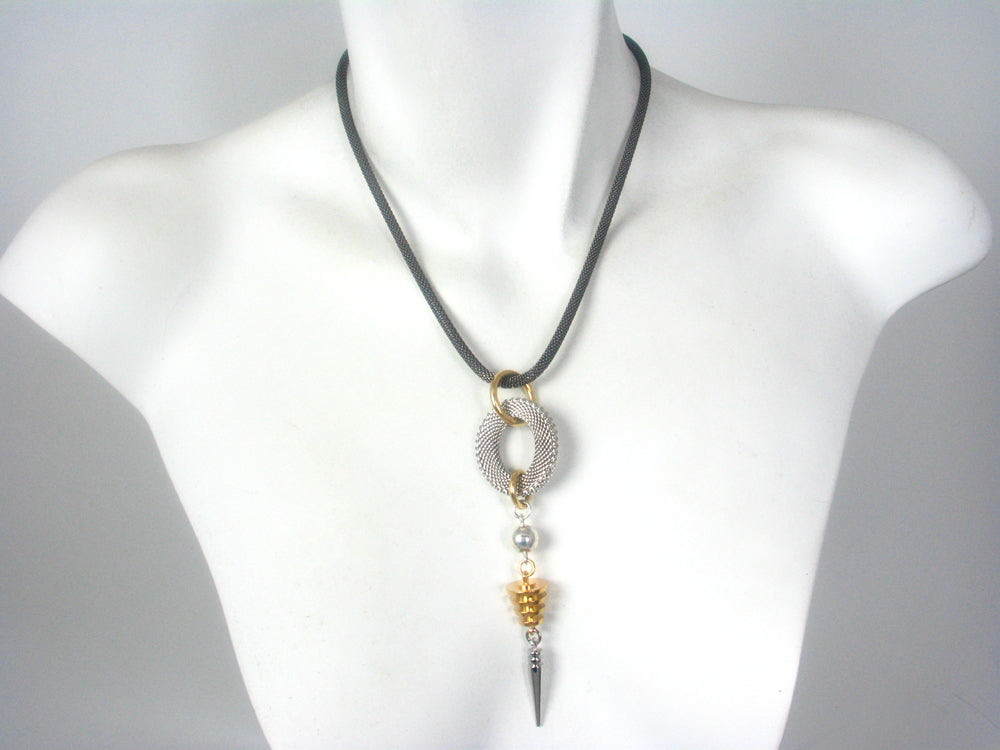 Mesh Necklace with Oval & Turned Geometric Drops | Erica Zap Designs