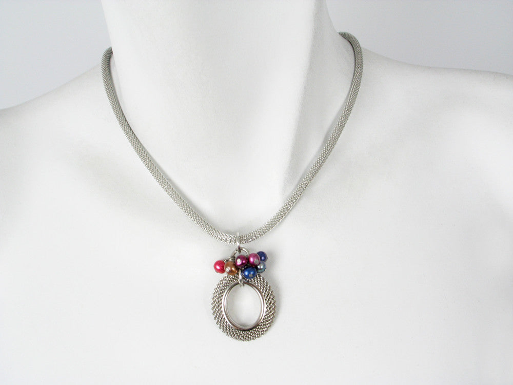Oval Ring & Pearl Cluster Pendant Mesh Necklace | Erica Zap Designs