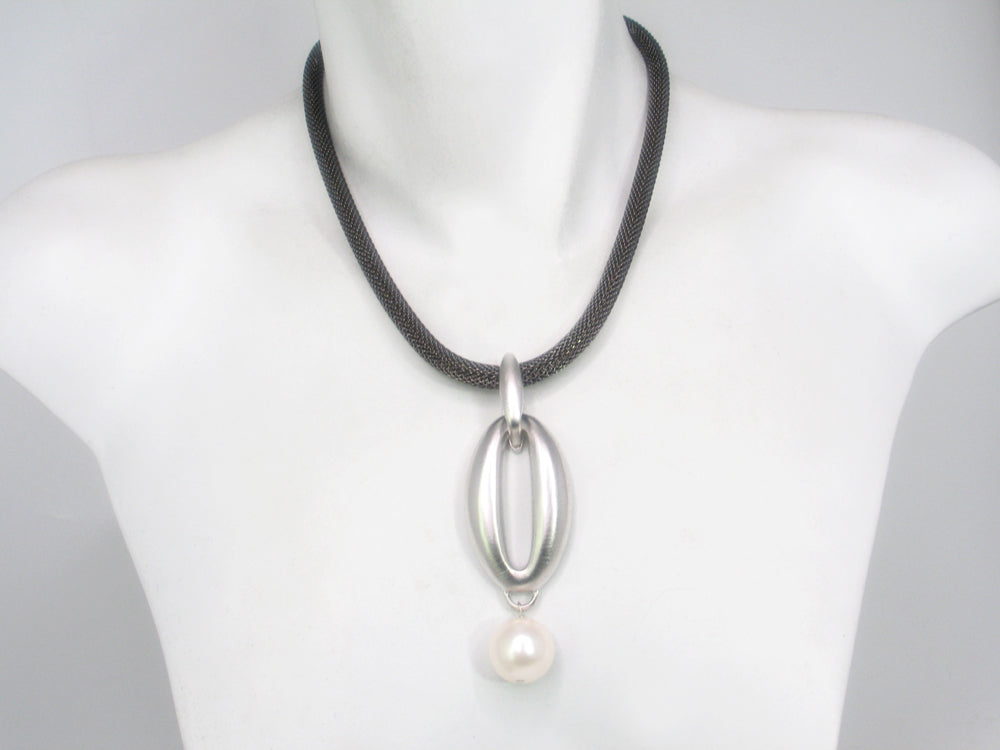 Mesh Necklace with Oval Drop with Pearl | Erica Zap Designs