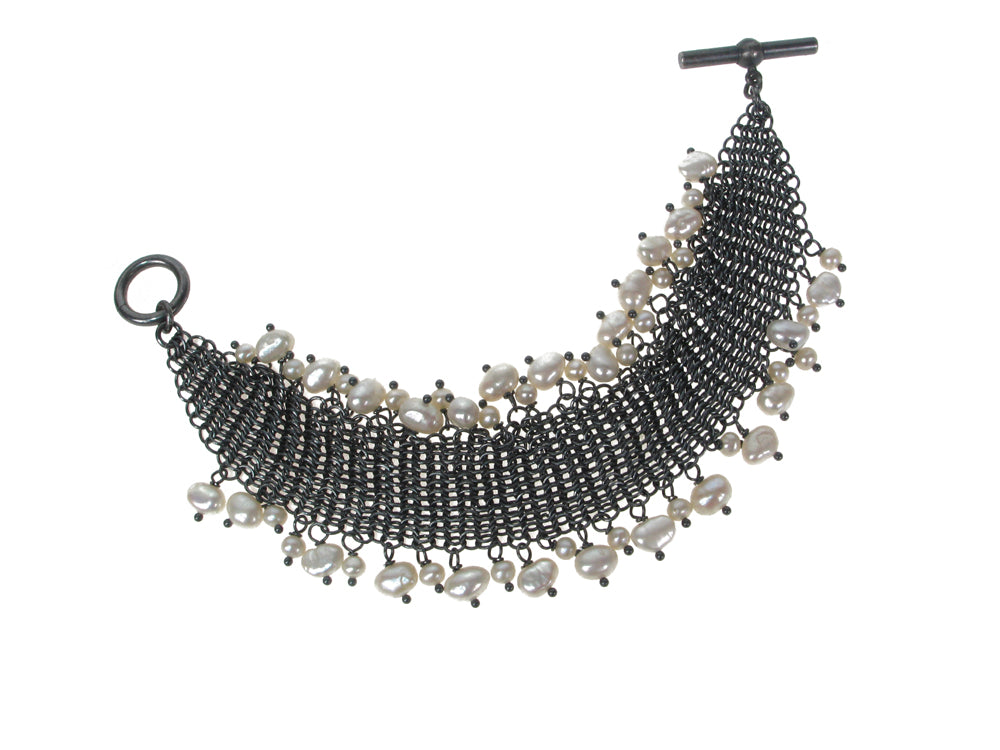 Oxidized Sterling Chainmail Bracelet with White Pearls | Erica Zap Designs