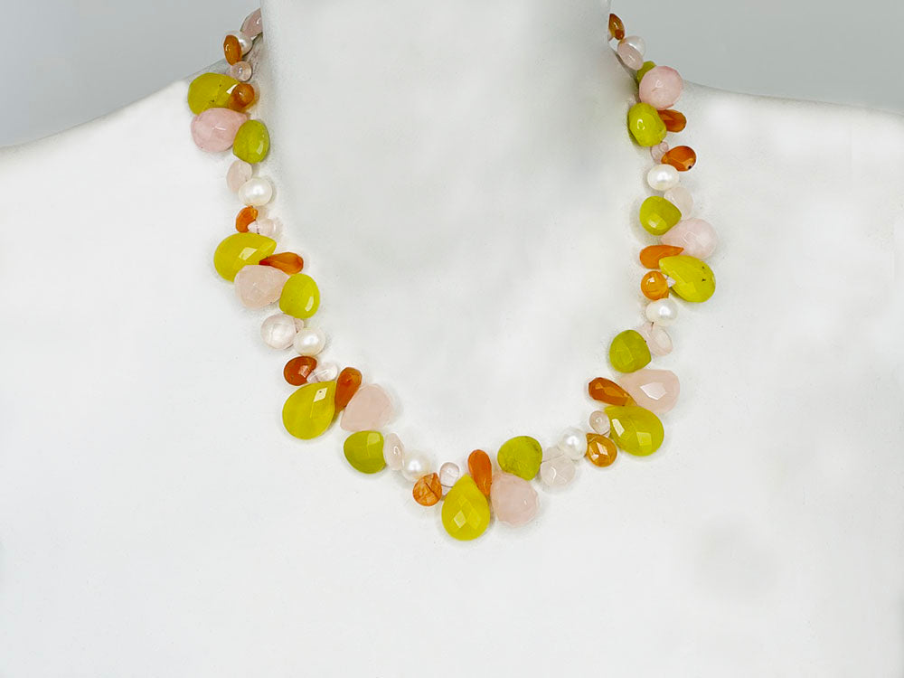 Briolette Stone Necklace | rose quartz olive jade mix | Erica Zap Designs